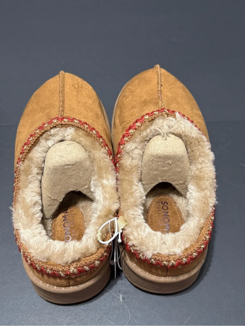 Kohl's Kids Faux-Suede Pembroke Slip-On Slippers in Chestnut with Red Trim